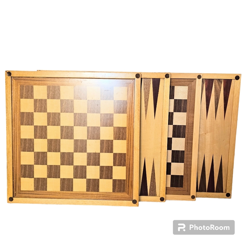Set of 4 Vintage Parquet Wood Chess Backgammon Boards Tournament Family Park 17"